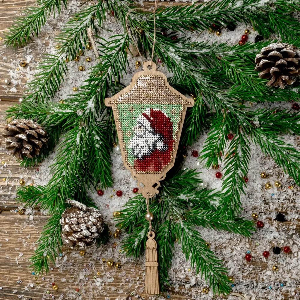 Santa Lantern Bead Embroidery Kit on Wood: DIY Craft (8 x 12.5 cm)