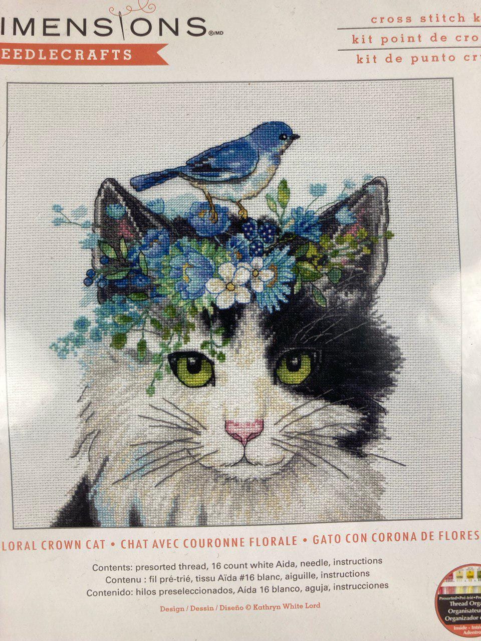 Dimensions Counted Cross Stitch Kit - Floral Crown Cat 16 Count, 70-35433 NEW