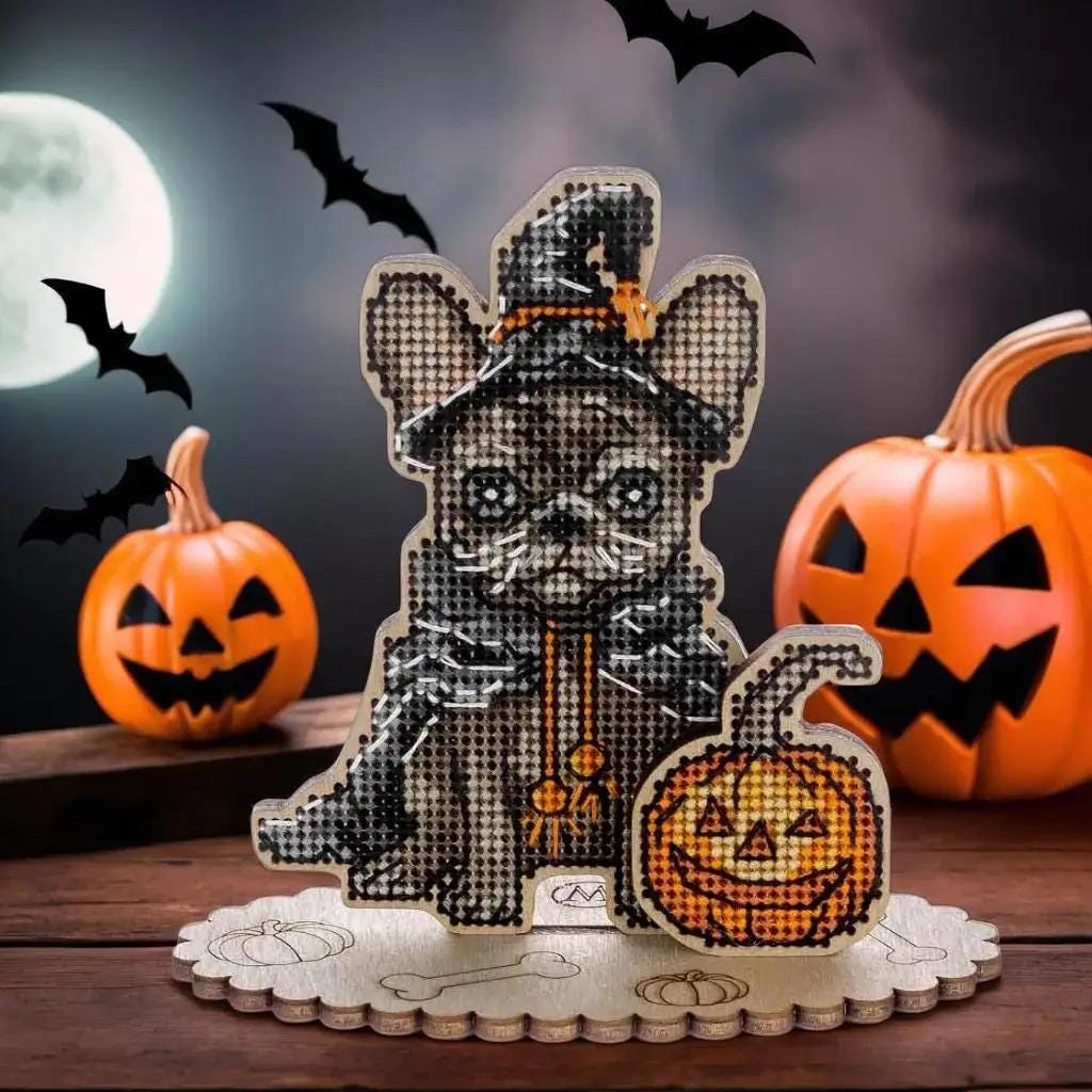 Halloween Cross Stitch Kit: French Bulldog with Pumpkin, 3D Ornament