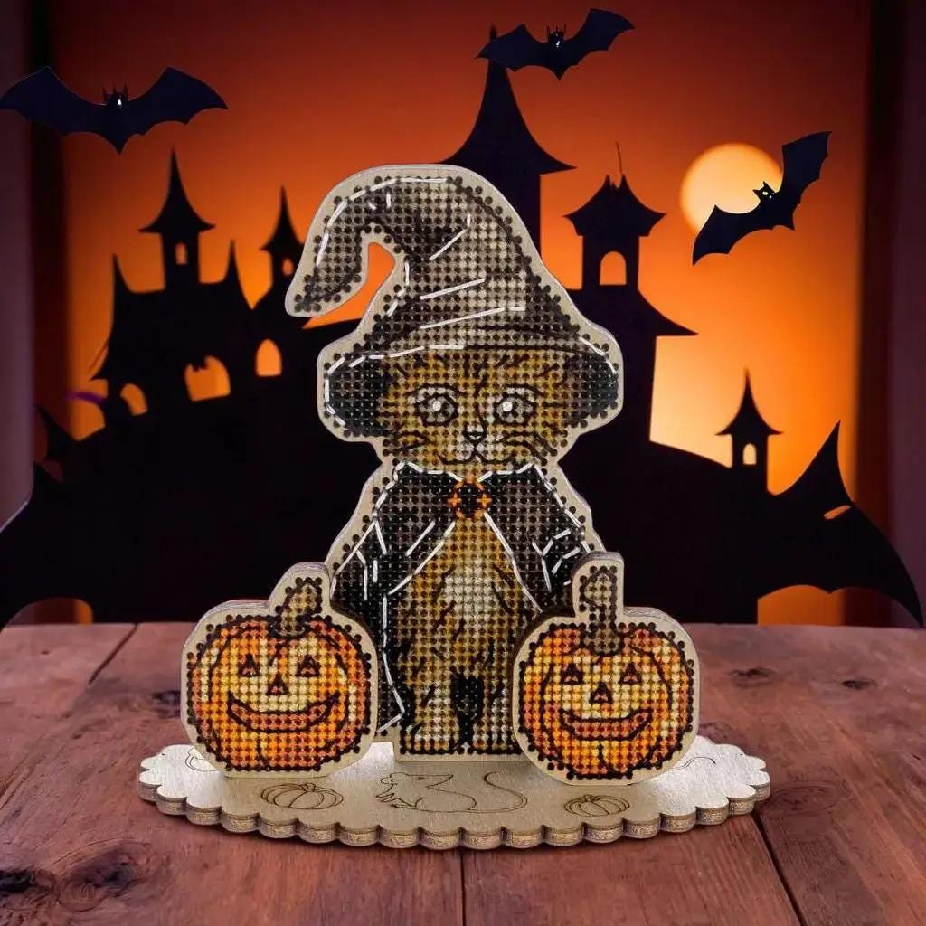 Halloween Cross Stitch Kit: Witch Kitten & Pumpkins 3D Ornament