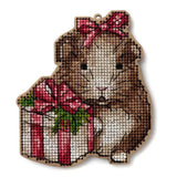 Christmas Guinea Pig Cross Stitch Kit on wood: Holiday Ornament DIY Craft LW-055