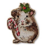 Christmas Cross Stitch Kit on Wood – Holiday Guinea Pig with Candy Cane – DIY Ornament with Beads – LW-056