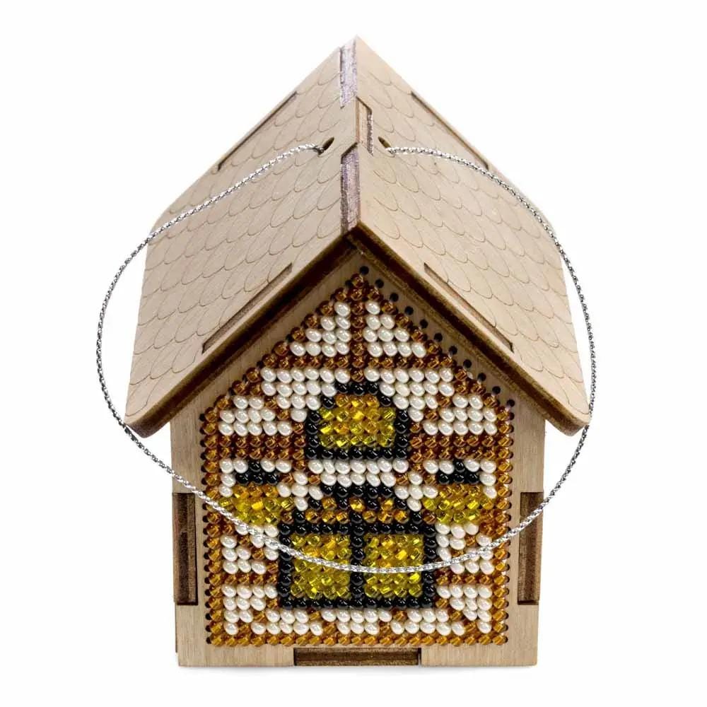 Bead Embroidery Kit: Santa Gold House on Wood, DIY Craft (LK-560)
