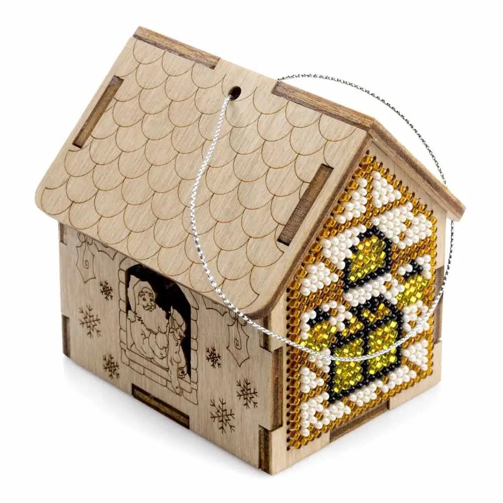 Bead Embroidery Kit: Santa Gold House on Wood, DIY Craft (LK-560)