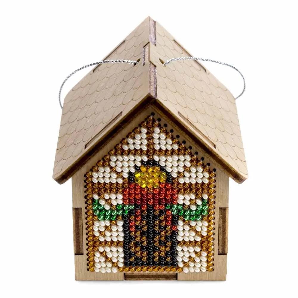 Bead Embroidery Kit: Santa Gold House on Wood, DIY Craft (LK-560)
