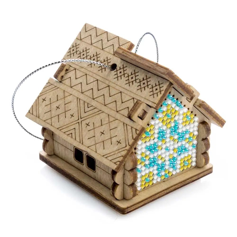 Bead Embroidery 3D Kit: Blue Ornament House on Wood, DIY Craft