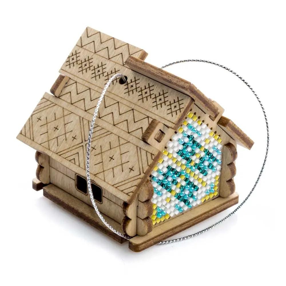 Bead Embroidery 3D Kit: Blue Ornament House on Wood, DIY Craft