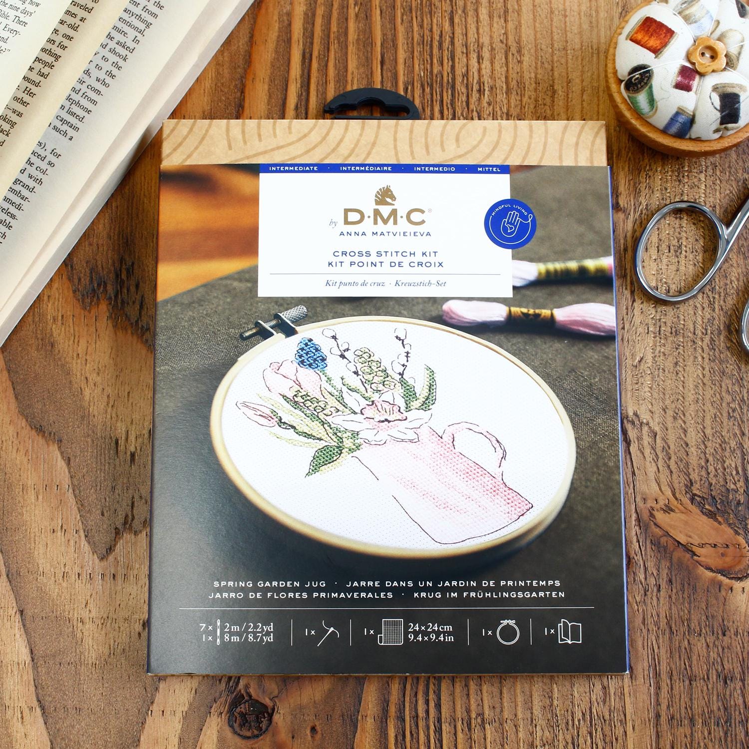 Spring Garden Cross Stitch Kit: Pink Floral Jug, 5.7" with Hoop, DMC, Aida 14