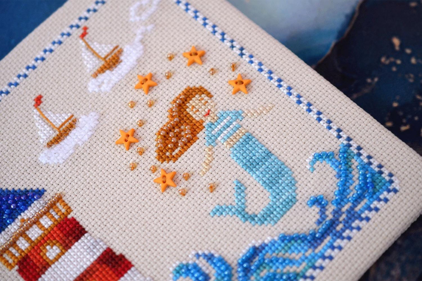 Mermaid Spell Cross Stitch Kit: Ocean Sampler with Beads & Charm