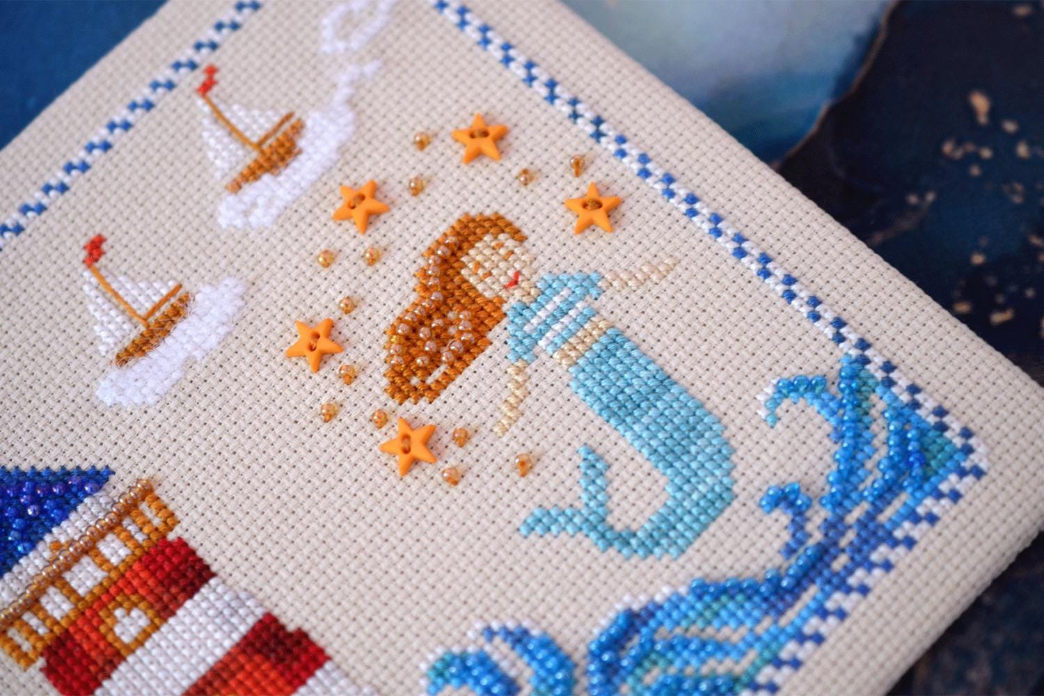 Mermaid Spell Cross Stitch Kit: Ocean Sampler with Beads & Charm