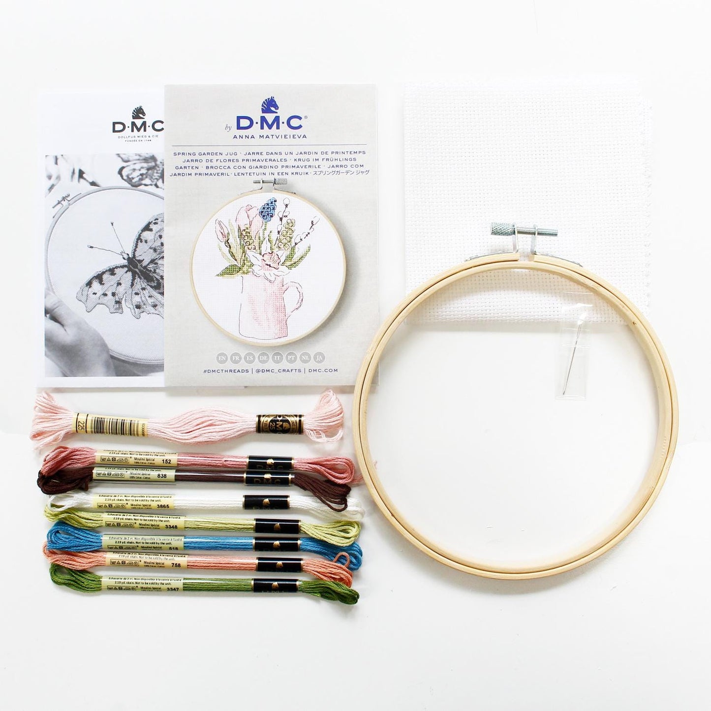 Spring Garden Cross Stitch Kit: Pink Floral Jug, 5.7" with Hoop, DMC, Aida 14