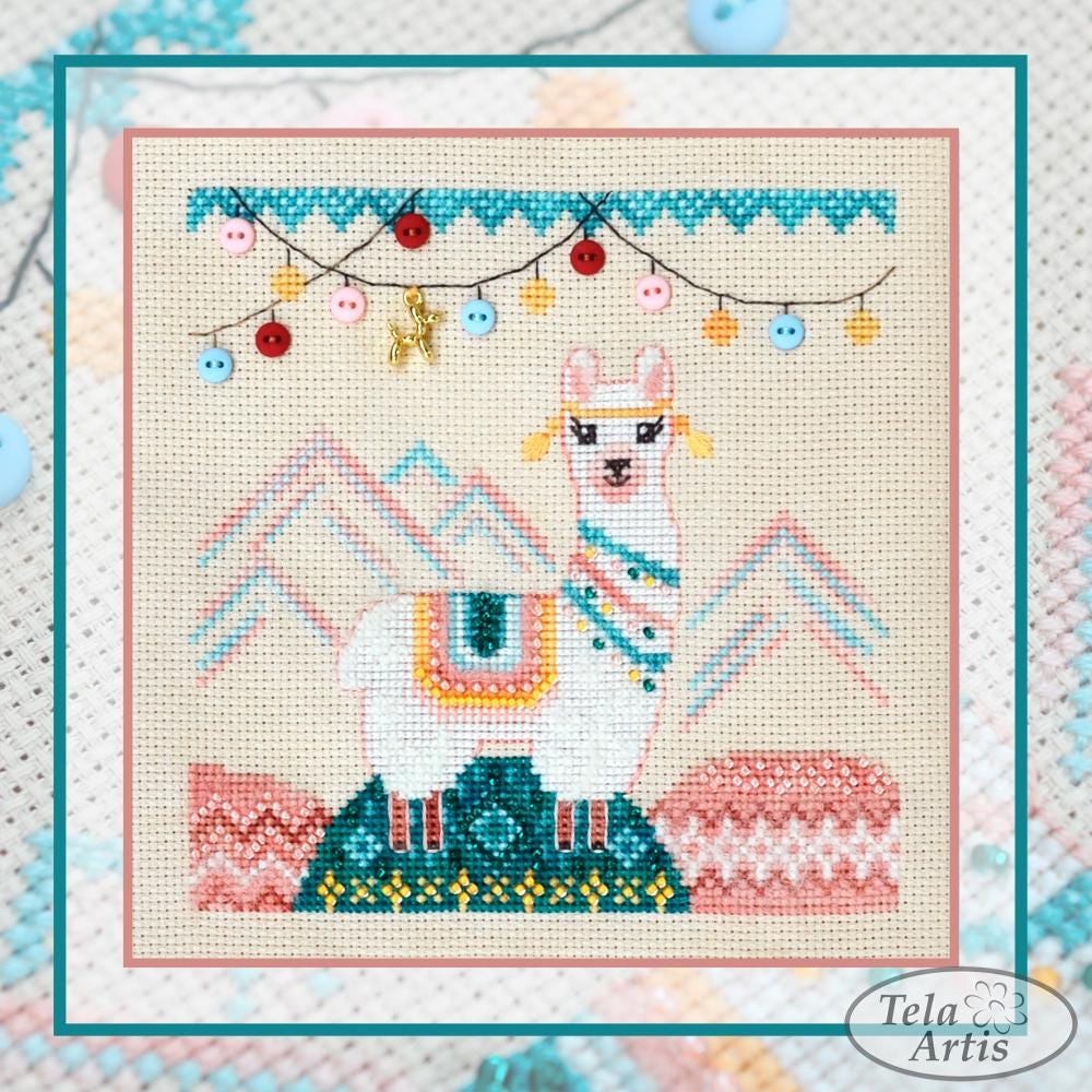 Happy Llama Cross Stitch Kit: Beads, Buttons, Charm - Aida 16ct