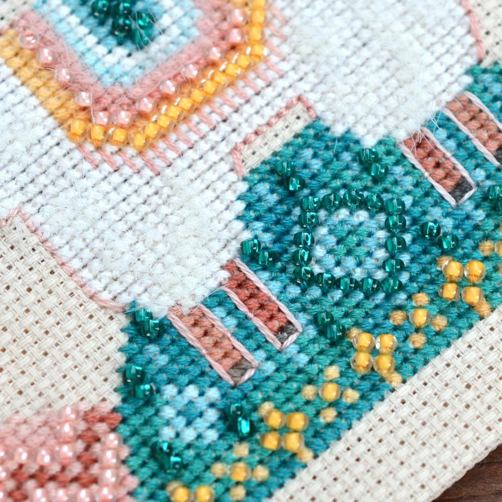 Happy Llama Cross Stitch Kit: Beads, Buttons, Charm - Aida 16ct