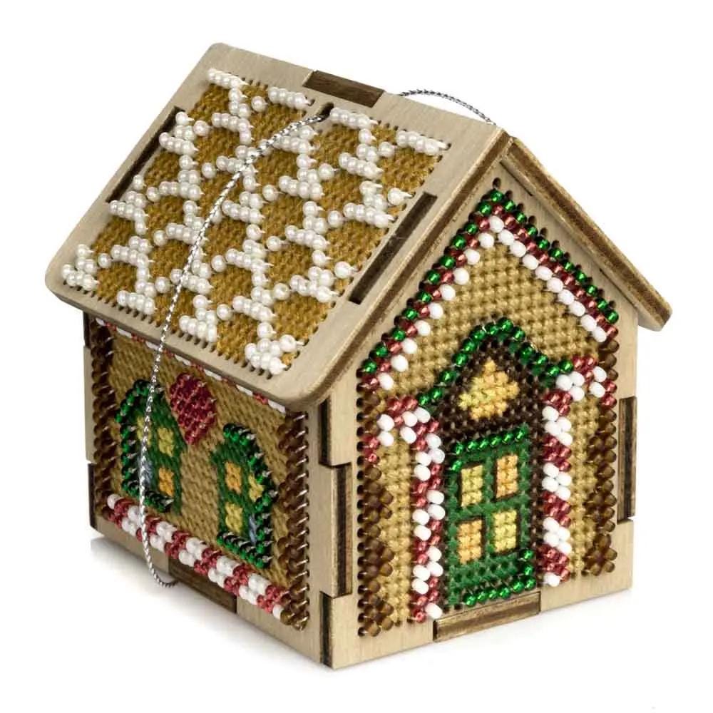 Winter House Bead Embroidery Kit on Wood: 3D DIY Craft (2.5x2x2.8")