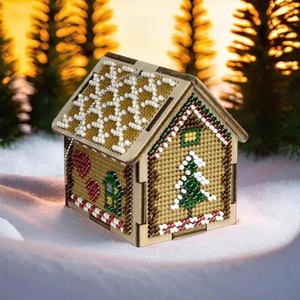 Winter House Bead Embroidery Kit on Wood: 3D DIY Craft (2.5x2x2.8")