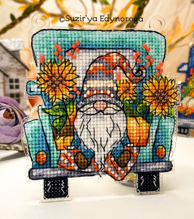 Atumn track with a gnome Cross Stitch Kit, threads, beads and decorative crystals