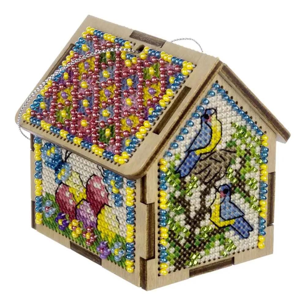 Beaded Spring Cottage Cross Stitch Kit 3D: DIY Wooden House Ornament