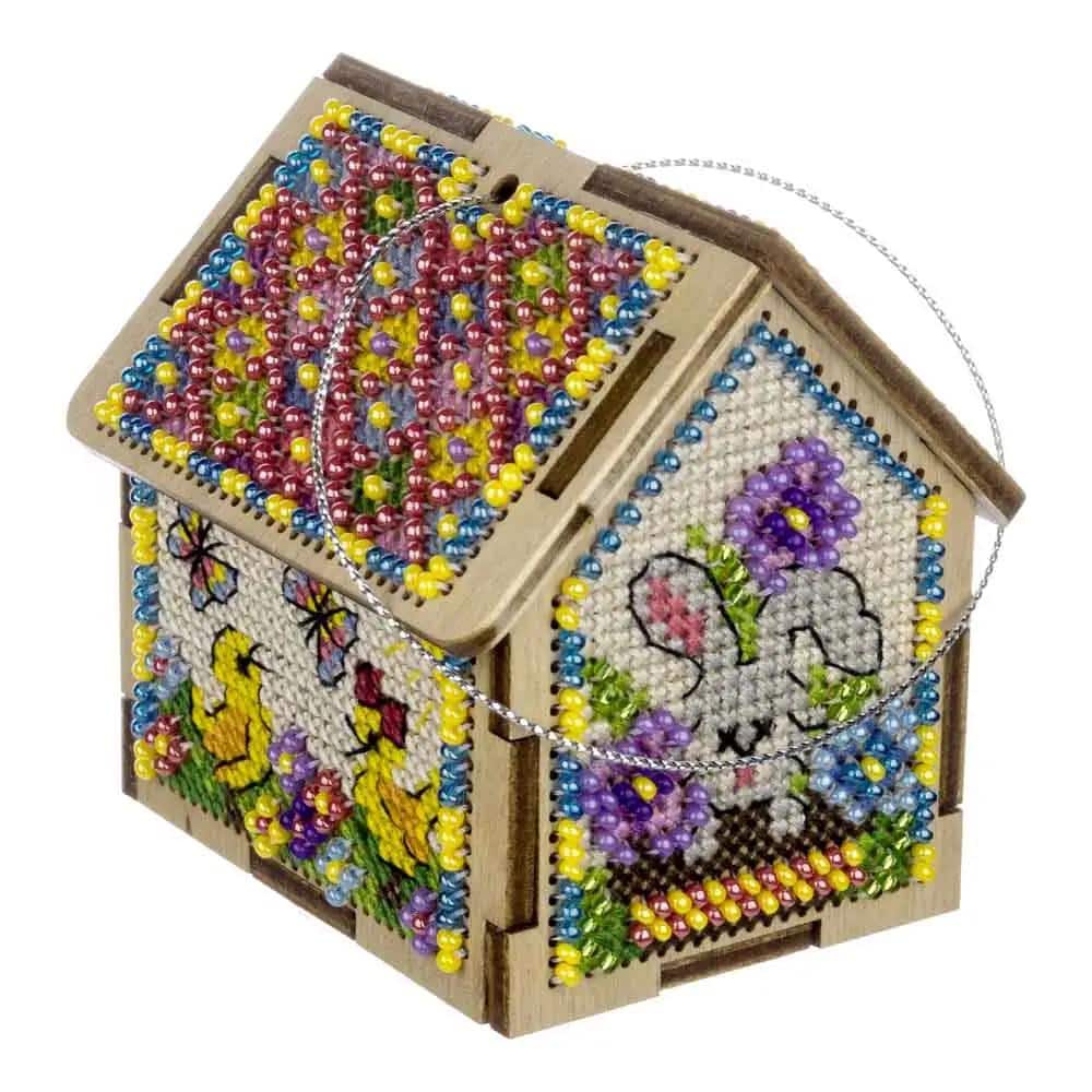 Beaded Spring Cottage Cross Stitch Kit 3D: DIY Wooden House Ornament