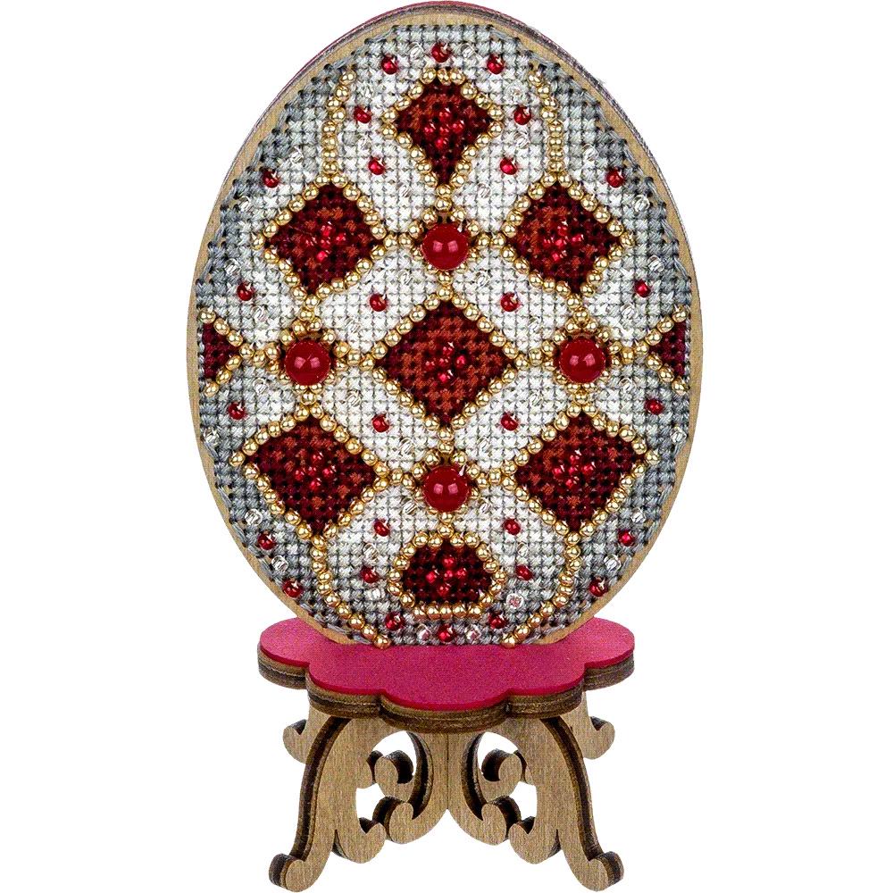 Beaded Easter Egg Cross Stitch Kit: Red & White Ornament, DIY Spring Decor