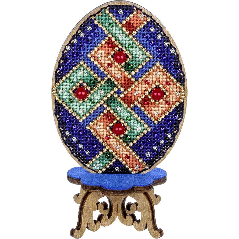 Easter Egg Cross Stitch Kit on Wood – Beaded Geometric Ornament – DIY Spring Embroidery Decor – LW-040