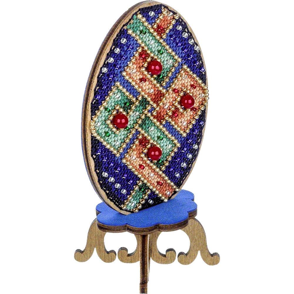 Easter Egg Cross Stitch Kit on Wood – Beaded Geometric Ornament – DIY Spring Embroidery Decor – LW-040