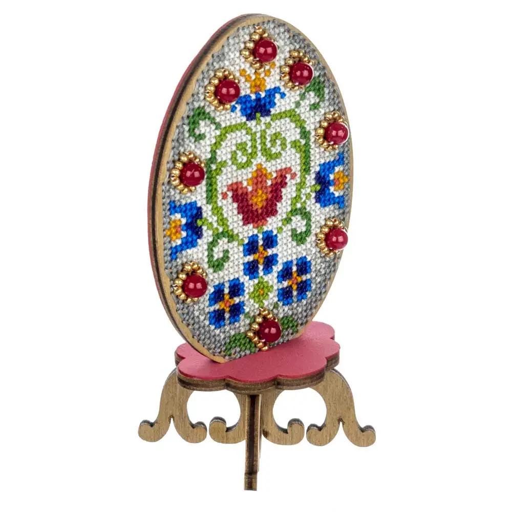 Floral Easter Egg Cross Stitch Kit on Wood – Beaded Ukrainian Ornament