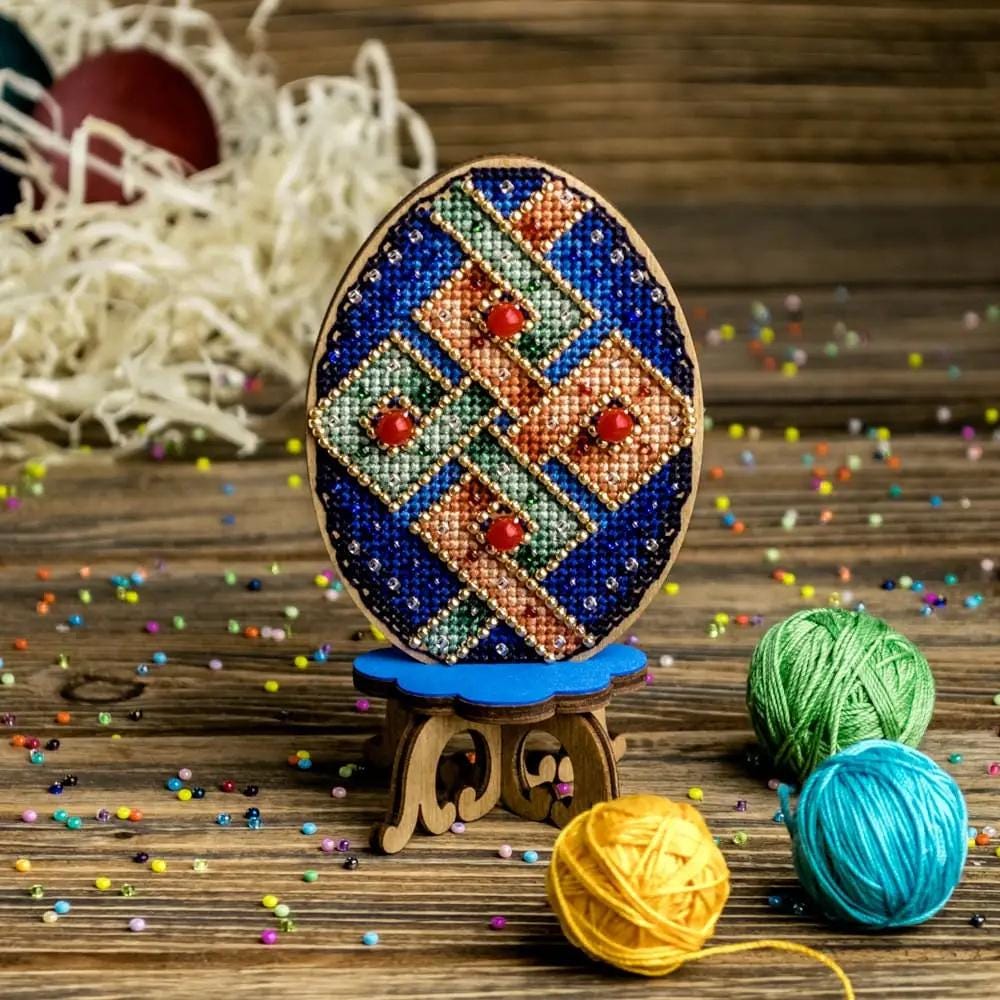 Easter Egg Cross Stitch Kit on Wood – Beaded Geometric Ornament – DIY Spring Embroidery Decor – LW-040