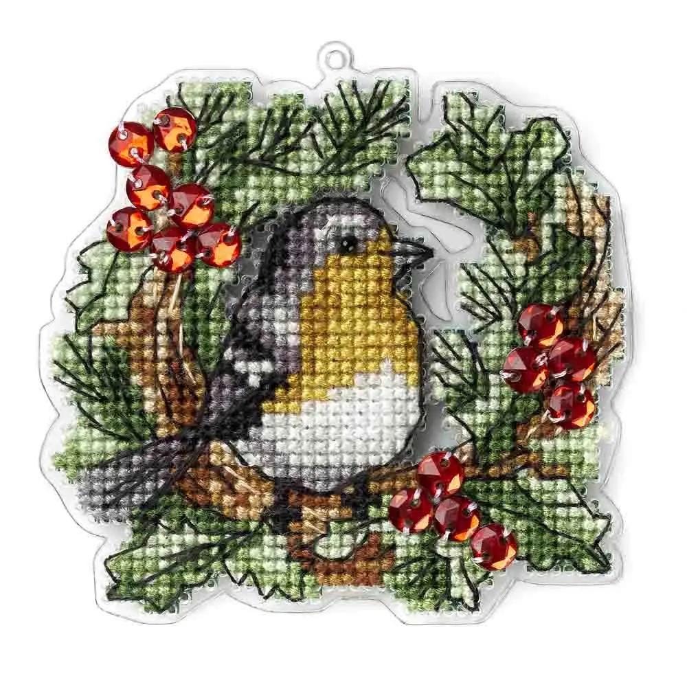 Christmas Tree Cross Stitch Kit, Bird Wreath Ornament, Fast DIY