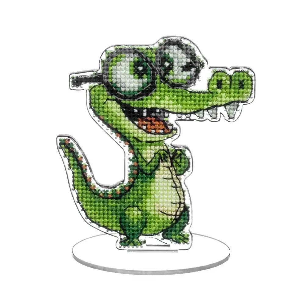 Funny Crocodile Cross Stitch Kit, Geeky Gator: DIY Cartoon Ornament on Plastic