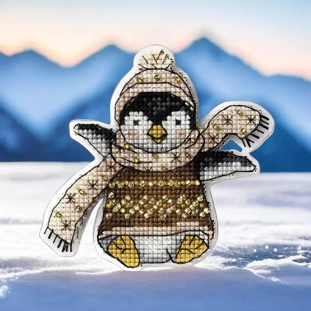 Beaded Penguin Cross Stitch Kit: DIY Christmas Ornament (3.5" x 3.5")