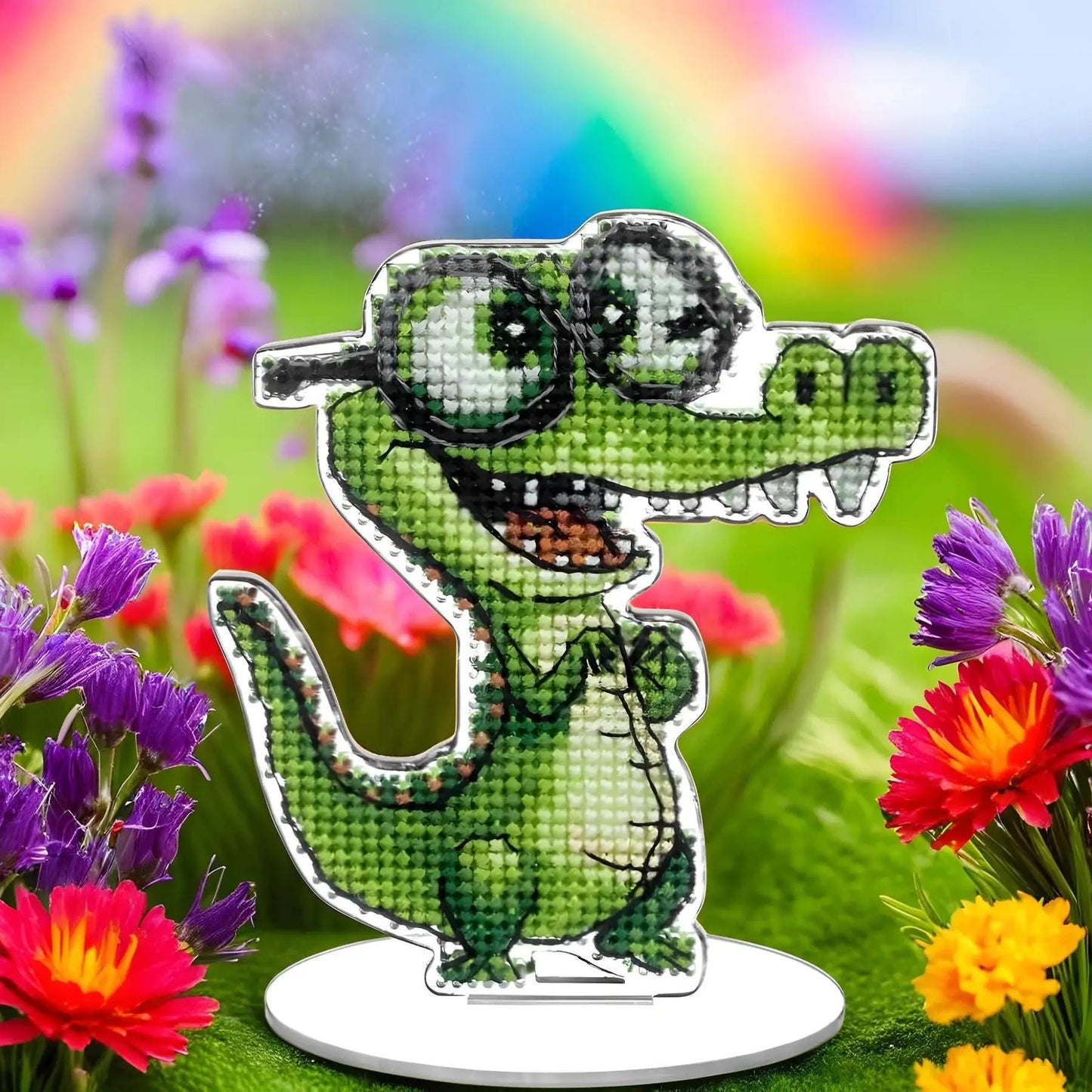 Funny Crocodile Cross Stitch Kit, Geeky Gator: DIY Cartoon Ornament on Plastic