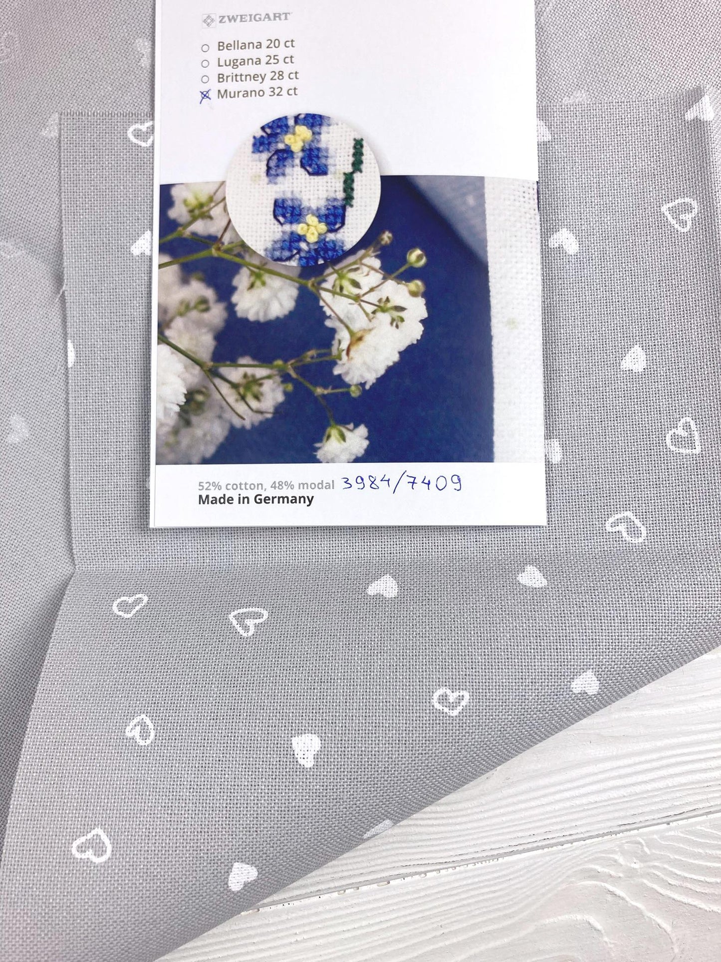 Evenweave cross stitch fabric 32ct Zweigart: Gray with White Hearts