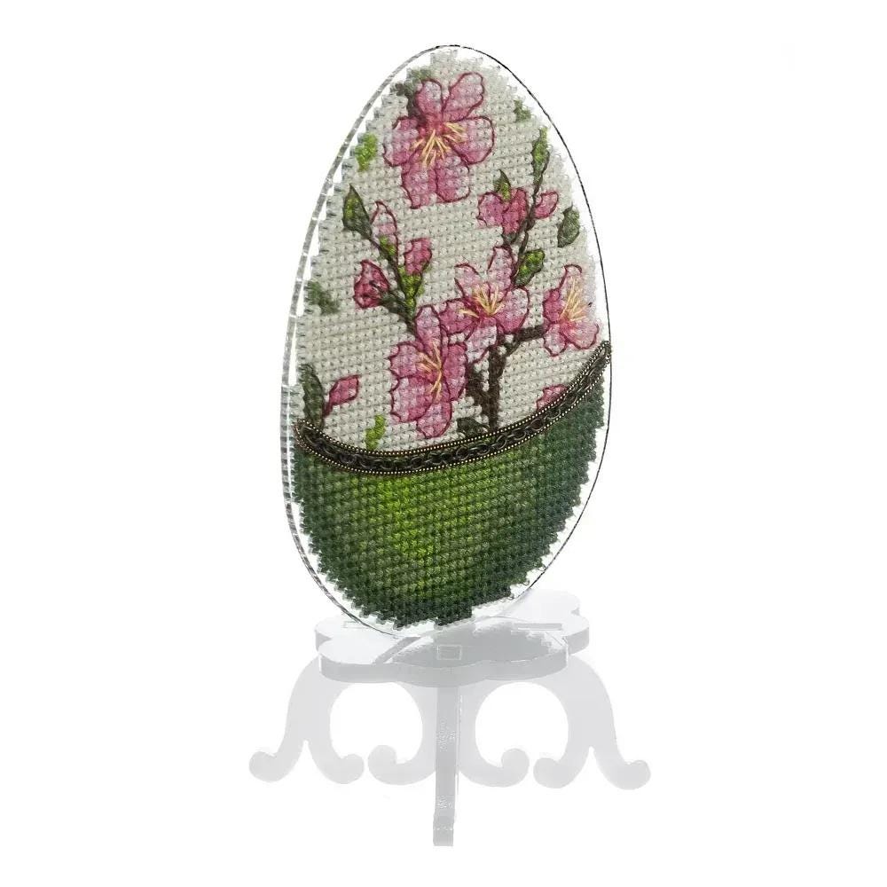 Easter Egg Cross Stitch Kit: Pink Blossom Ornament with Stand