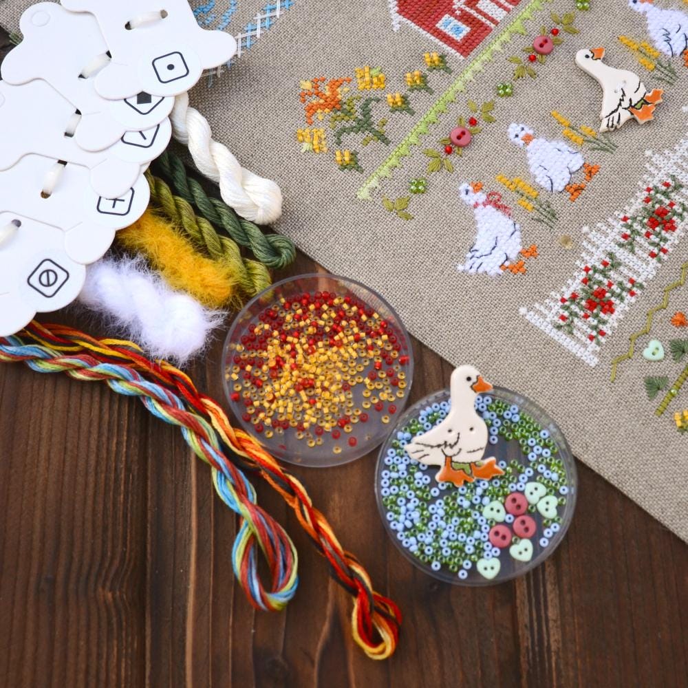 Fun Goose Farm Cross Stitch Sanpler Kit: Hand-Dyed Threads, Linen Fabric, Tela Artis X-506