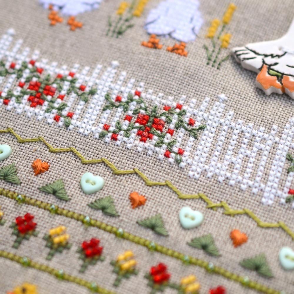 Fun Goose Farm Cross Stitch Sanpler Kit: Hand-Dyed Threads, Linen Fabric, Tela Artis X-506