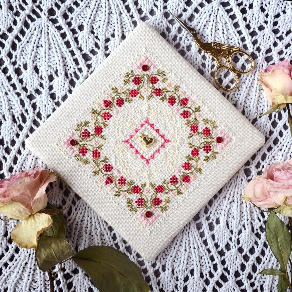 Raspberry Marshmallow Cross Stitch Kit: Floral Mandala, Hand-Dyed Threads, Beads, Cashel Linen