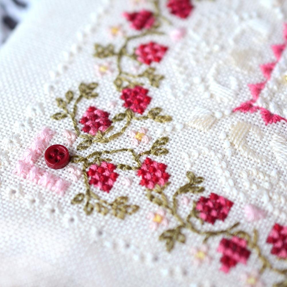 Raspberry Marshmallow Cross Stitch Kit: Floral Mandala, Hand-Dyed Threads, Beads, Cashel Linen