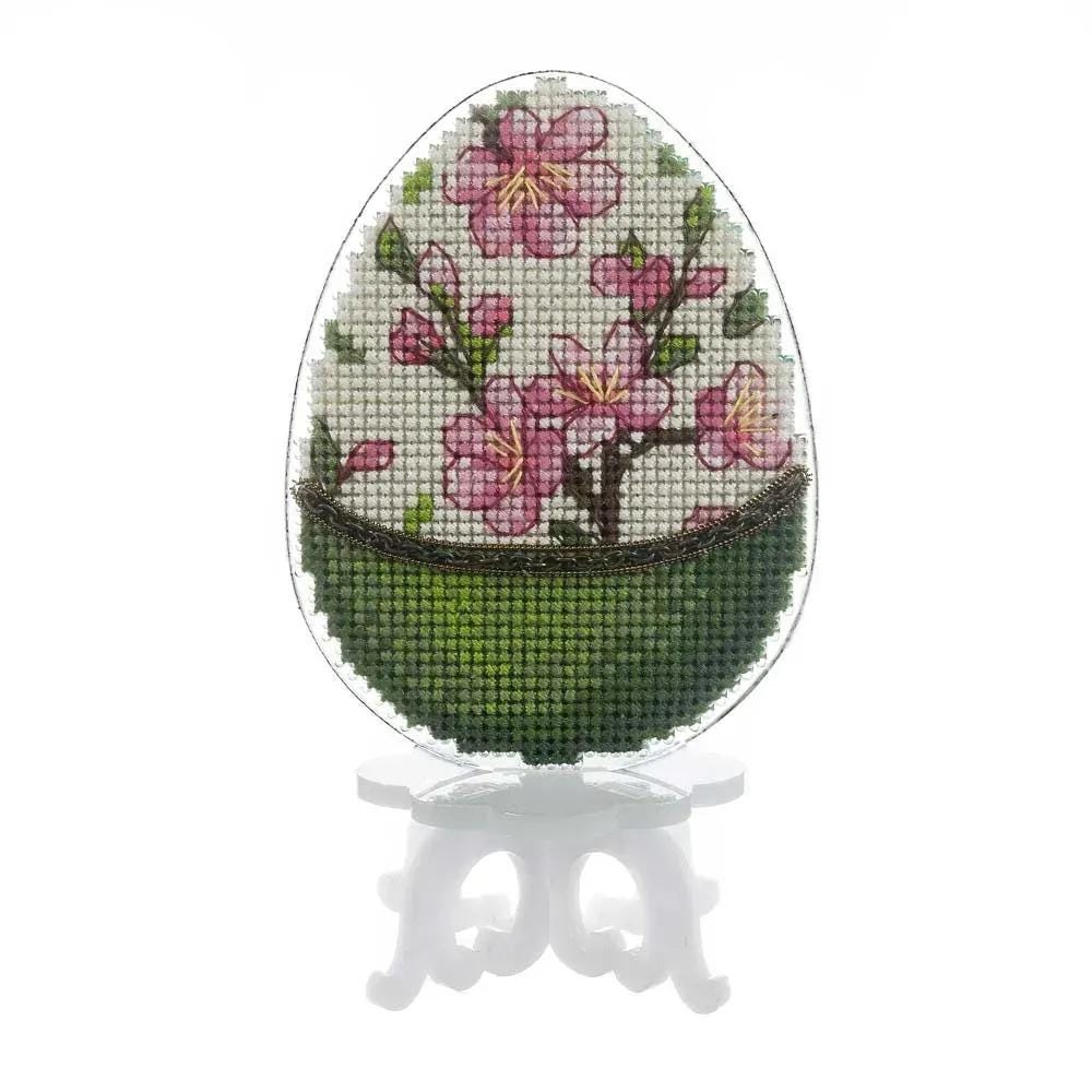 Easter Egg Cross Stitch Kit: Pink Blossom Ornament with Stand