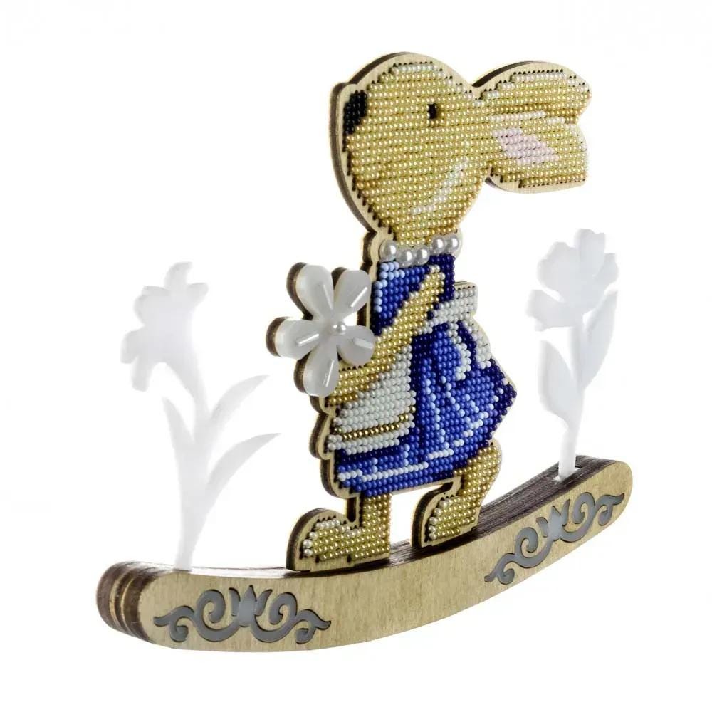Easter Rabbit Bead Embroidery Kit on wood, DIY Wood Craft