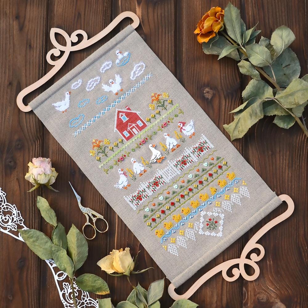Fun Goose Farm Cross Stitch Sanpler Kit: Hand-Dyed Threads, Linen Fabric, Tela Artis X-506