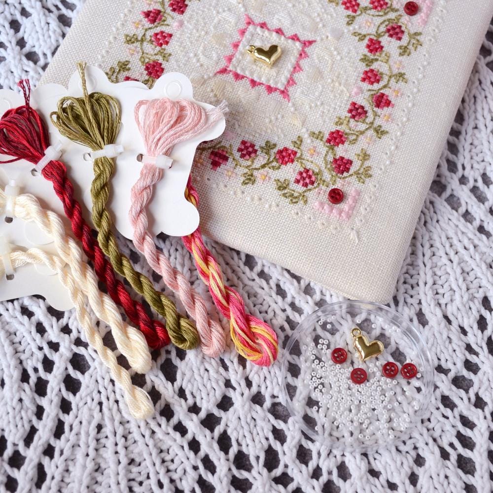 Raspberry Marshmallow Cross Stitch Kit: Floral Mandala, Hand-Dyed Threads, Beads, Cashel Linen