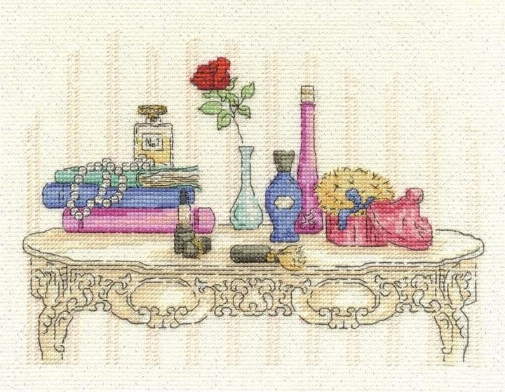 Vintage Vanity Cross Stitch Kit: Beauty, Pearlescent Aida, Maria Diaz DMC 10″×6″, BK1540