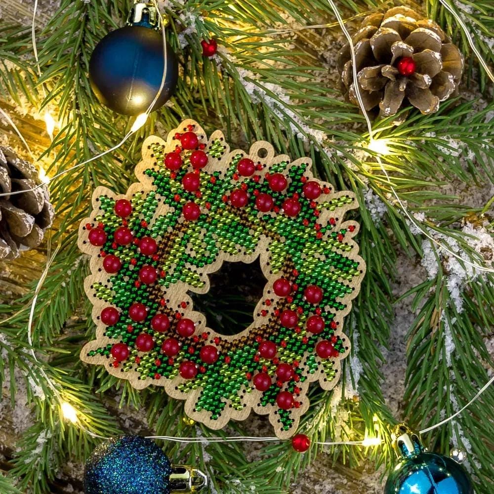 Bead Embroidery Kit on Wood, Wreath, LK-386 ( beads , thread, needle, plywood base included)