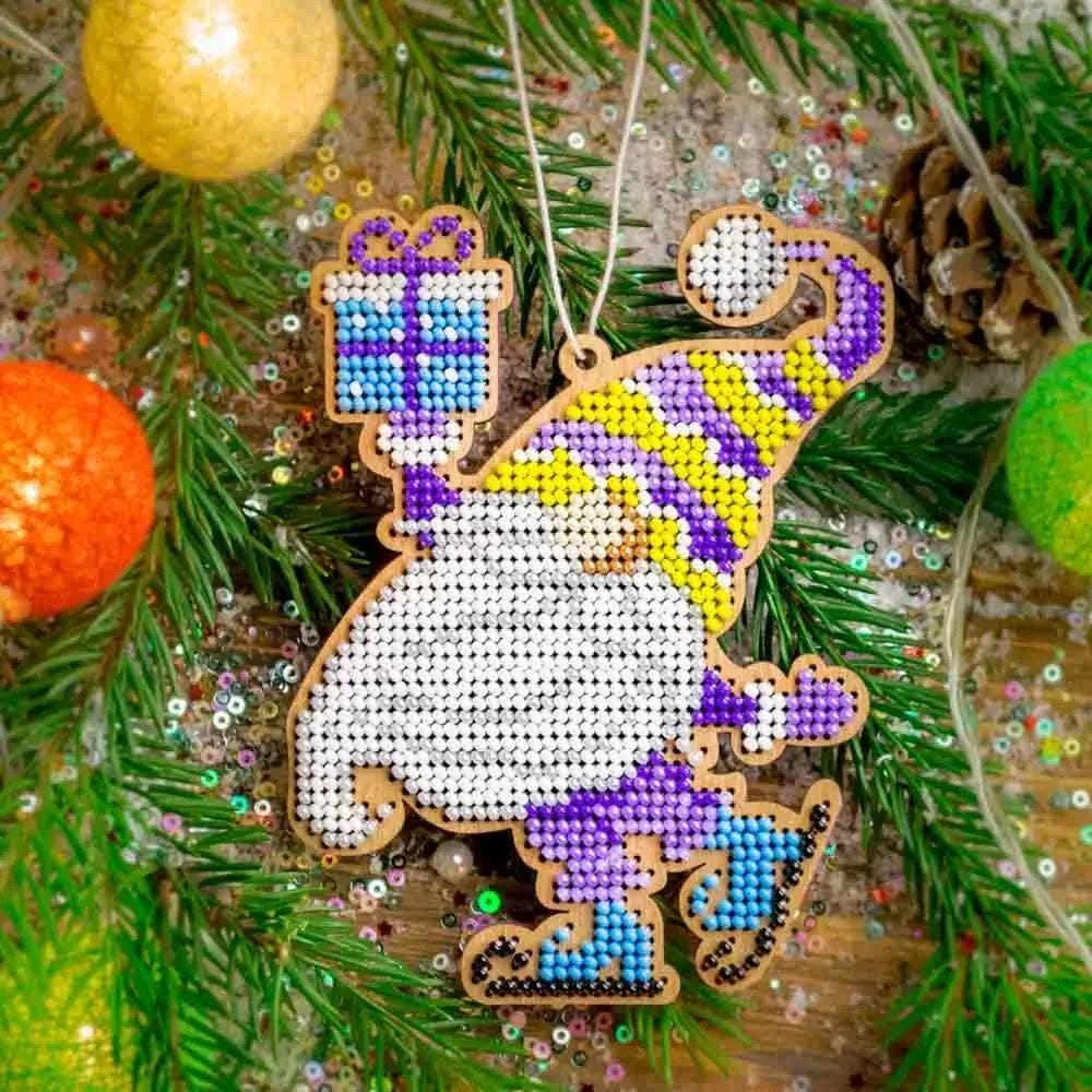 Bead Embroidery Kit Gnome with present on Plywood: DIY Craft (3.5"x4.7")