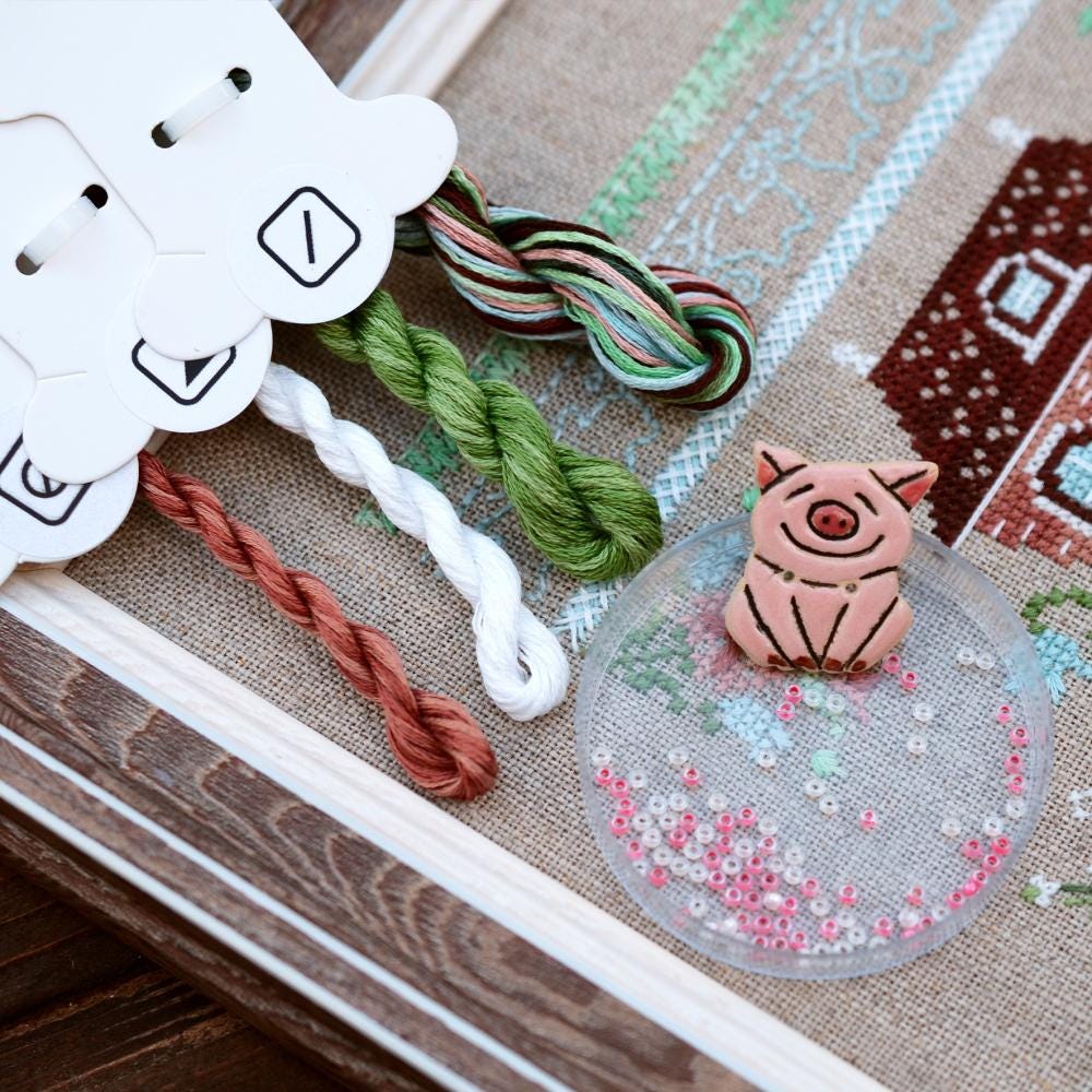 Cross Stitch Sampler Kit In a puddle (Chicken Coop): Hand-Dyed Threads, Linen Embroidery