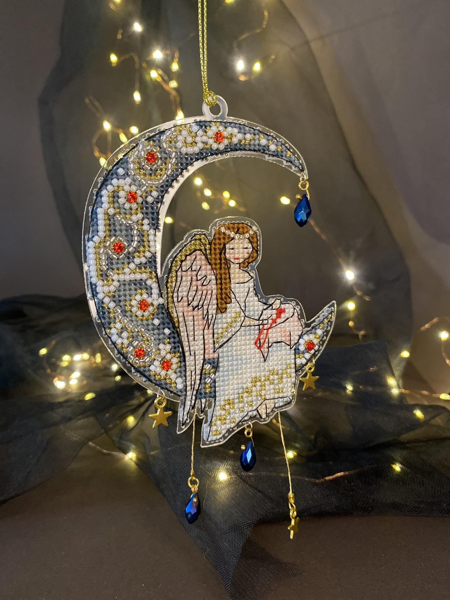 Cross Stitch kit, Moon Angel, threads, beads and decorative crystals.