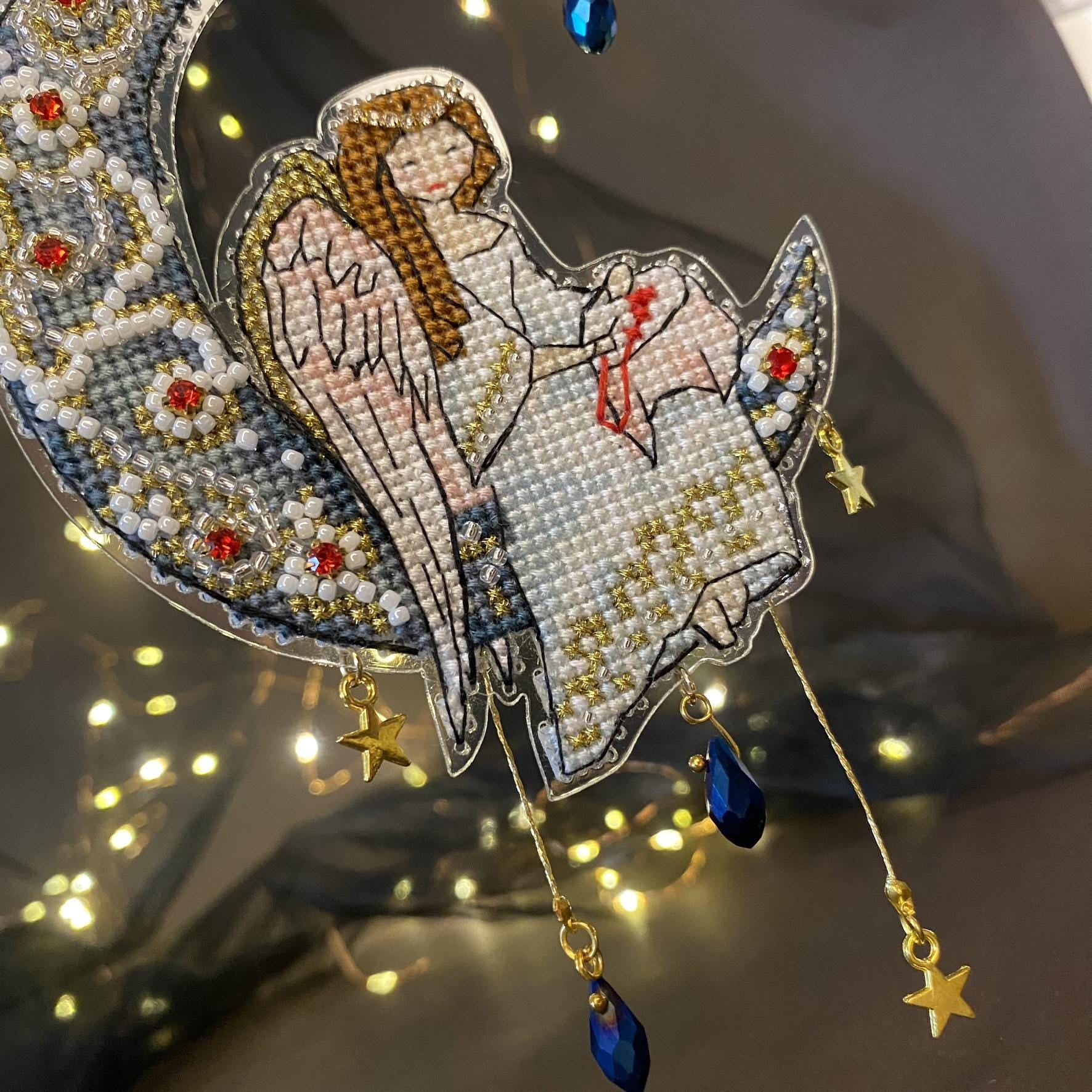 Cross Stitch kit, Moon Angel, threads, beads and decorative crystals.