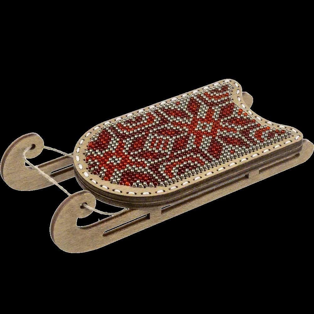 Beads on plywood embroidery kit, Sled with red ornament
