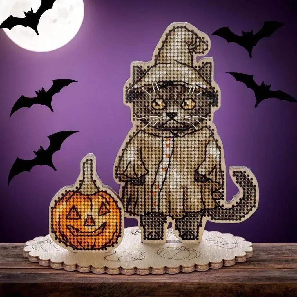 Halloween Cross Stitch Kit: 3D British Cat Ornament with Pumpkins- Fall Embroidery Craft