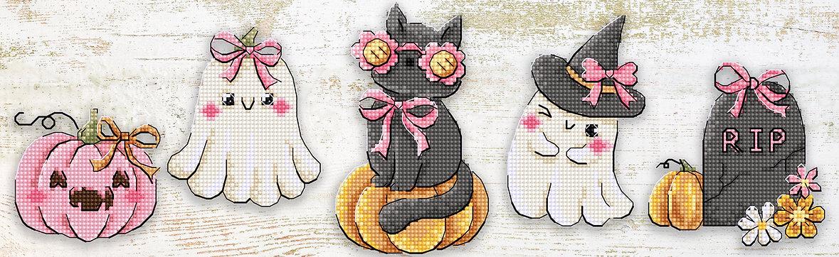 Counted Cross Stitch Kit LETISTITCH Boo Crew Ornaments 5 pcs. L9944, plastic canva